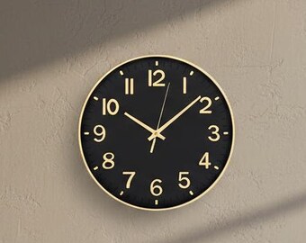 12-Inch Black Gold Wall Clock, Modern 3D Arabic Numerals, Silent Quartz Movement