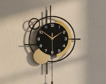 Modern Black Pendulum Wall Clock, Silent Geometric Metal Clock