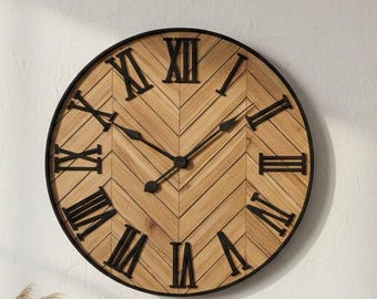Large Farmhouse Wood Wall Clock, Silent Roman Numerals, 24-Inch Herringbone Decor