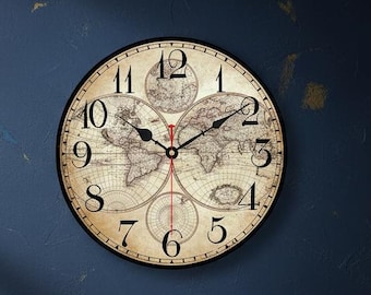 World Map Wooden Wall Clock, Retro Globe, Non-Ticking Farmhouse Decor