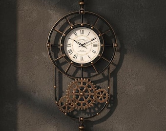 Large 23" x 14" Steampunk Wall Clock, Industrial Metal Design in Antique Gold & Black for Farmhouse Living Room and Wall Decor