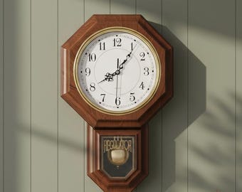 Vintage Pendulum Wall Clock, Farmhouse Regulator Style Clock, Imitation Wood Decorative Clock for Wall Decor