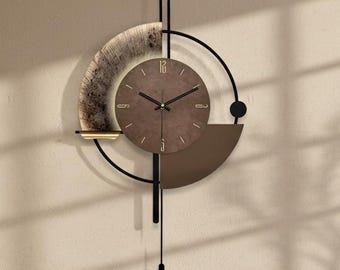 Large Iron Wood Pendulum Wall Clock, Silent Quartz Movement, Modern Home Decor