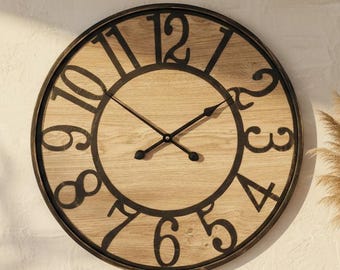 Large Antique Bronze Wood Wall Clock, Silent Modern Farmhouse Decor