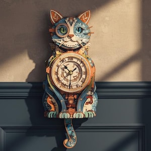 May include: A whimsical cat-shaped wall clock with a vintage aesthetic. The clock features a detailed design with blue, orange, and cream colors. The clock face displays Roman numerals. The cat's tail hangs down. The clock is mounted on a wall above a wooden table.