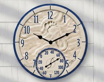 Coastal Outdoor Wall Clock with Thermometer, 14” Weather-Resistant Clock for Patio, Garden or Indoor Beach House Decor