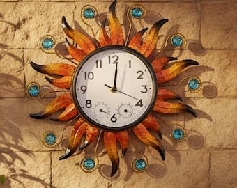Sunburst Outdoor Wall Clock with Thermometer & Hygrometer, Rustic Silent Garden Patio Clock for Home Decor