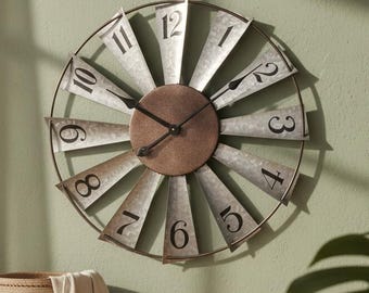 Large Farmhouse Windmill Wall Clock, 24-inch Rustic Distressed Metal Decor, Silent Oversized Wall Decor for Living Room