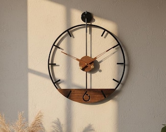 Modern Walnut Dial Wood Wall Clock, Minimalistic Metal Frame Silent Clock for Home Decor