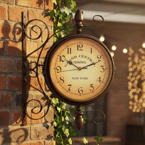 May include: A double-sided outdoor clock with the text "GRAND CENTRAL TERMINAL NEW YORK" on the face. The clock has a bronze-colored frame and is mounted on a brick wall. Green vines are growing around the clock.