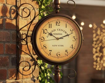 Vintage Train Station Double Sided Clock, Rotating Antique Farmhouse Wall Clock