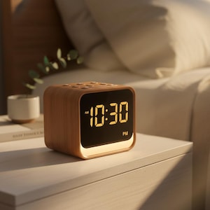 May include: A wooden digital alarm clock displaying 10:30 AM. The clock has a square design with rounded corners and a black display. It sits on a white nightstand next to a bed with white bedding.