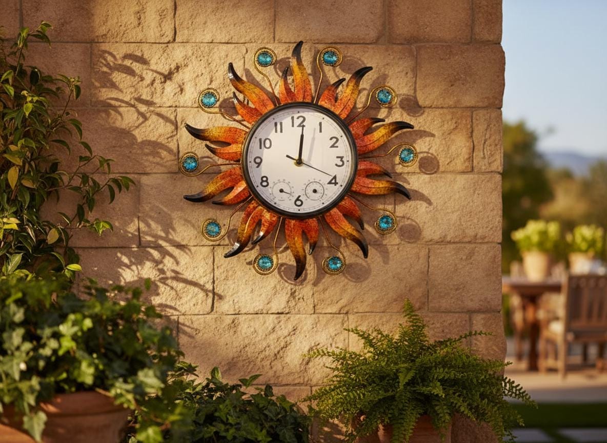 Outdoor Clock Kit Sunburst Outdoor Wall Clock With Thermometer & Hygrometer, Rustic ...