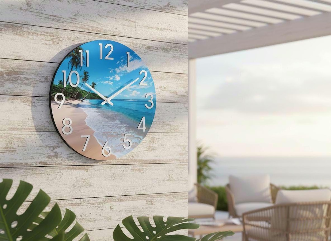 Beach Outdoor Wall Clock 12 Inch Waterproof Patio Clock, Silent Coastal ...