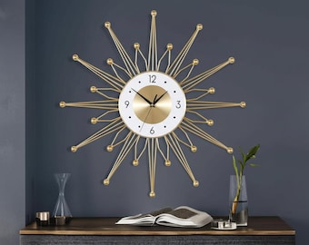 Starburst Large Gold Wall Clock, Silent Mid Century Modern Art Deco For Wall Decor