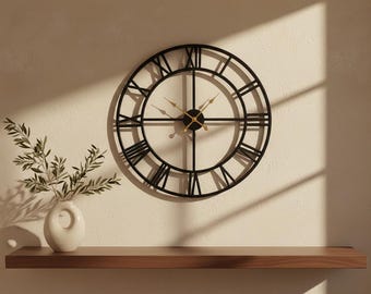 Oversized 32" Roman Numeral Wall Clock, Silent Farmhouse Metal Decor