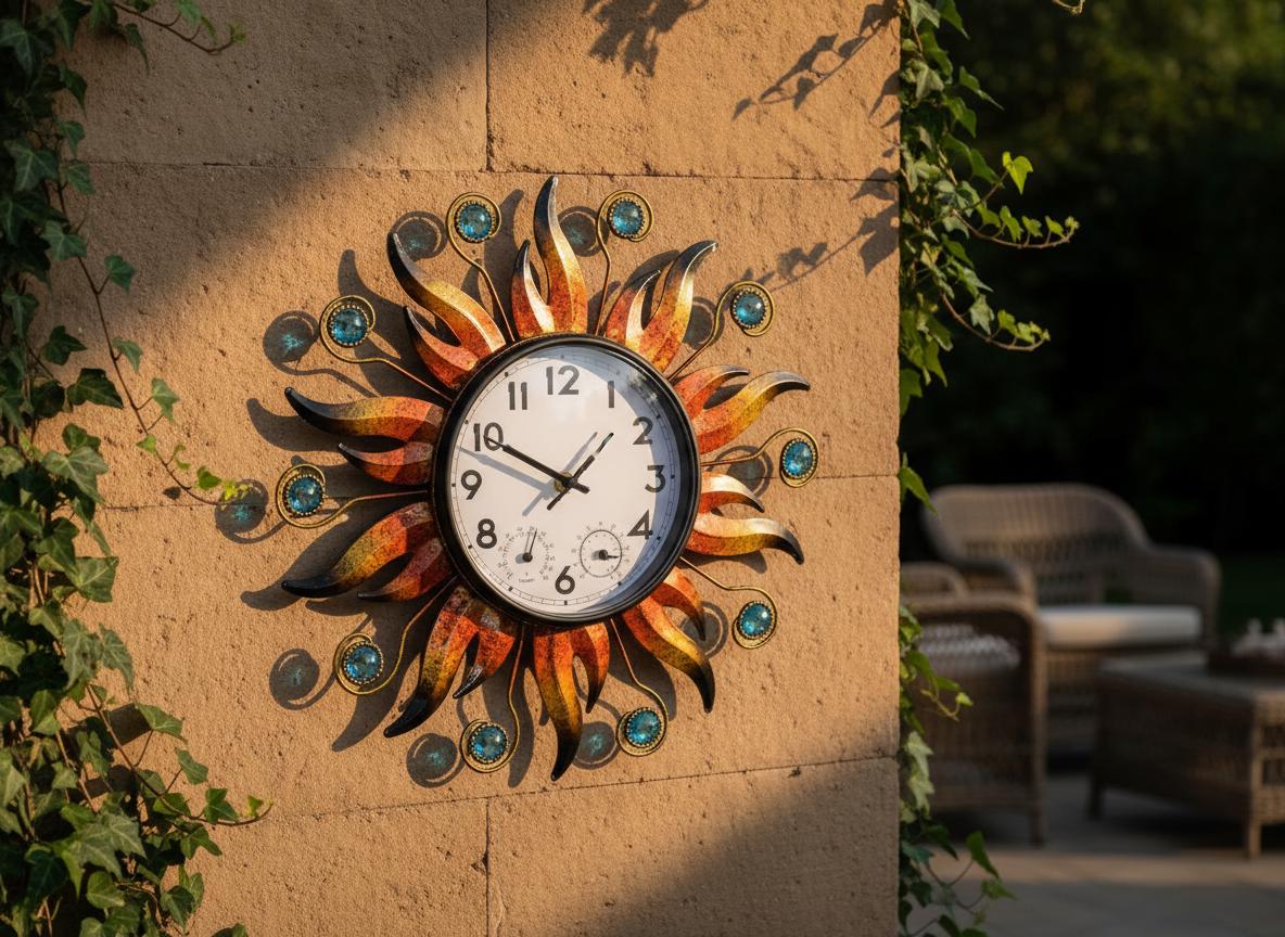 Outdoor Clock Kit Sunburst Outdoor Wall Clock With Thermometer & Hygrometer, Rustic ...