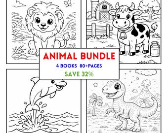 Animal Coloring Book Bundle | 80+ Pages Jungle Farm Ocean Dinosaur Printable PDF for Kids