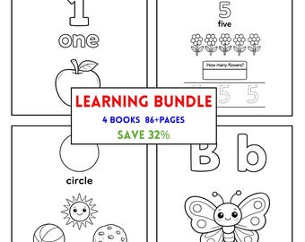 Learning Worksheets Bundle | Alphabet Numbers Shapes Counting Activity Pages PDF Preschool