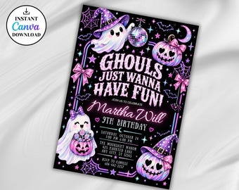 Ghouls Just Wanna Have Fun Birthday Invitation Iridescent Ghost Halloween Party Invite Pastel Disco Editable Canva Template for Girls 260792