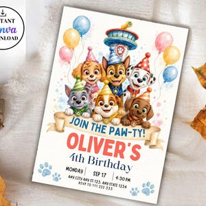 Könnte beinhalten: Eine rechteckige Geburtstagseinladungskarte mit sechs Cartoon-Welpen in bunten Partyhüten, einem Aussichtsturm und Luftballons. Der Text lautet JOIN THE PAW-TY! OLIVER'S 4th BIRTHDAY, MONDAY, SEP 17, 4:30 PM, ANY CITY ANY ST.123, ANY STATE 1234, RSVP TO 111 222 333.