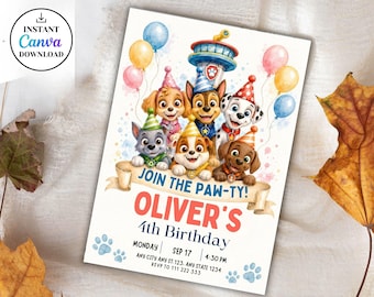 Editable Paw-ty Birthday Invitation Template | Kids Printable Party Invitation | Puppy Patrol Pup Crew Boys & Girls Bday | Instant Download