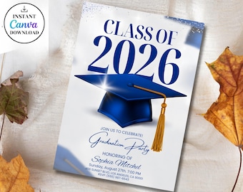 Graduation Party Invitation Template,Class of 2026 Invite,Blue White Class of 2026 Grad Announcement,Graduation Party Invite,Canva Template