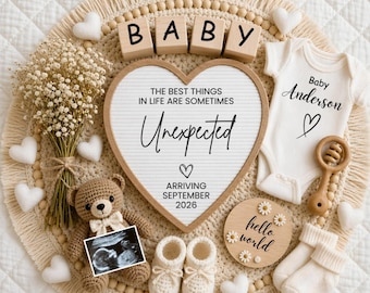 Unexpected Baby Announcement 2026,White Boho Heart Pregnancy Reveal,New Year Pregnancy Reveal,Editable Canva Neutral Social Media Announceme
