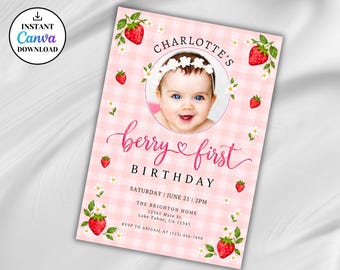 Berry First Birthday Invitation Template, Editable Photo 1st Birthday Party Invitations, Printable Strawberry Birthday Invites, A14