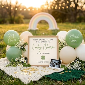 May include: A pregnancy announcement scene with green and cream balloons, a framed sign reading "Lucky Charm," and an ultrasound image. The scene includes a rainbow arch, flowers, and gold coins, set outdoors.