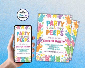 Easter Egg Hunt Invitation, Party With My Peeps Invite, Easter Bunny Party Invitation, Easter Party Invite, Editable Canva Template