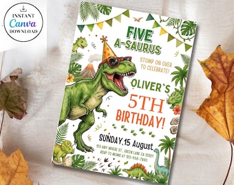 Fünf A-Saurus Geburtstagseinladung, Dinosaurier 5. Geburtstag einladen, T-Rex Party einladen, Dinosaurier Welt einladen, Canva Vorlage, Jurassic Geburtstag