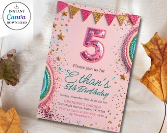 5. Geburtstagseinladung Mädchen, Regenbogen Pailletten Glitzer einladen, Mädchen rosa Geburtstag einladen, bearbeitbare druckbare Vorlage für Mädchenparty, Canva