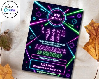 Laser Tag Geburtstagseinladung, Neon Glow Party einladen, Laser Tag Geburtstagsfeier, Teen Laser Tag Indoor Geburtstag Flyer, bearbeitbare Canva Vorlage