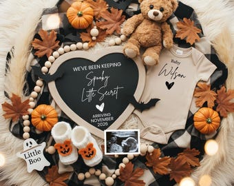 Halloween Pregnancy Announcement Digital, Little Boo Baby Reveal, Editable Spooky Little Secret Baby Reveal, Fall Neutral Social Media