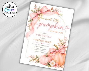 Editable Sweet Little Pumpkin Baby Shower Invitation, Pink Bow Pumpkin Baby Shower Invite Fall Orange Pumpkin Baby Shower Mobile Evite 01128