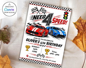 Need 4 Speed Fast Birthday Invitation Template, Race Car 4th Birthday Invite, Editable Canva Racing Party Invite for Boys, Instant Download