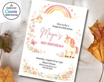 Unicorn Birthday Invitation Girl,Magical Rainbow Unicorn Party Invite,Editable Canva Template,4th 5th Birthday Girl,Fairytale Unicorn Party