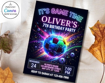 Neon Fußball-Einladung,Football einladen,Sneakerball Geburtstag einladen,Kinder Fußball Party einladen, bearbeitbare Canva Vorlage,Sport Geburtstag einladen