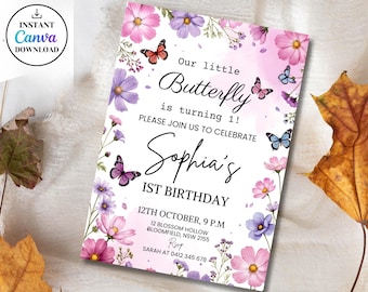 Floral Butterfly 1st Birthday Invitation,Editable Pink & Purple Birthday Invite,First Birthday Invitation,Girls Party Invite,Canva Template