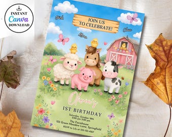 Girl Farm Birthday Invitation,Floral Barnyard Animals Party Invite,Farm Animals Birthday Invitation,Barn Animals Invite For Girls, Instant