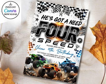 Monster Truck Birthday Invitation 4th Birthday,Need FOUR Speed Boom Crash Monster Bash Printable Invite,Monster Truck Invitation Boys Jam