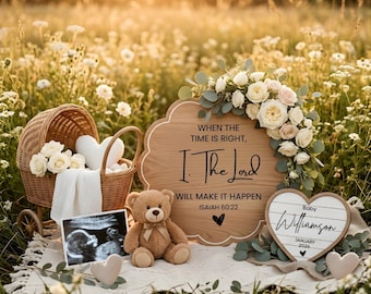 Christliche Schwangerschaftsankündigungsvorlage, religiöse Schwangerschaft enthüllen, Teddybär-Sonnenuntergang-Schwangerschaft enthüllen, geschlechtsneutrales minimalistisches soziales Med