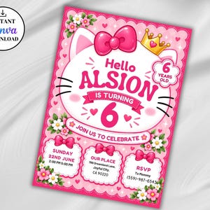 Kitty Birthday Invitation Template, Pink Cat Birthday Invite, Cute Kitty Birthday Party Invitation, Editable Canva Invite Digital Download