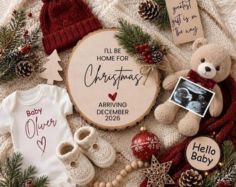 Cozy Christmas Pregnancy Announcement Digital,I'll Be Home For Christmas Baby Reveal,Neutral Winter Pregnancy Announcement Canva Template