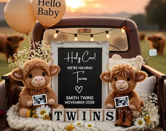 Editable Twin Pregnancy Announcement,Holy Cow Pregnancy Announcement,Western Baby Reveal,Gender Neutral Cow Baby Reveal,Highland Cow Baby