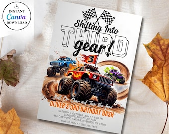 Shifting Into Third Gear Monster Truck 3rd Birthday Invitation,Boy Monster Truck Party Invite,Editable Canva Template,Printable Download