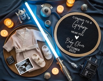 Space Wars Pregnancy Announcement,Star Force Social Media Gender Reveal,Editable Jedi Baby Reveal Template,Future Galactic Baby Announcement