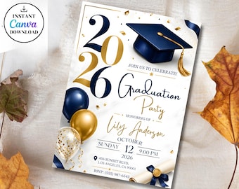Graduation Party Invitation Template,Class of 2026 Graduation Invitation,Blue Gold Grad Announcement,Editable Canva Template,Graduate Invite