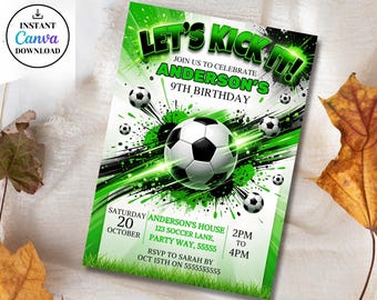 Editable Soccer Birthday Invitation Template, Football Birthday Invite, Let's Kick it Soccer Invite, Kids Football Birthday, Canva Template